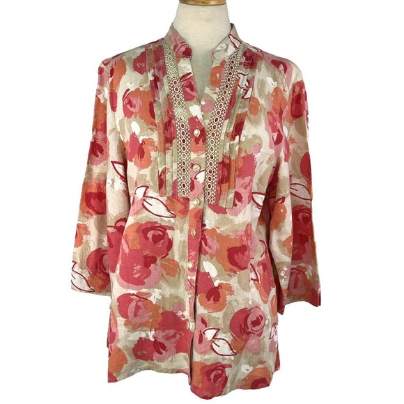 JM Collection 14 Linen Womens Tunic Floral Pintuck Button Cottagecore Tropical - Picture 1 of 7